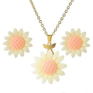 Stainless Steel Gold Colored Chain & Earrings with White Colored Sunflowers